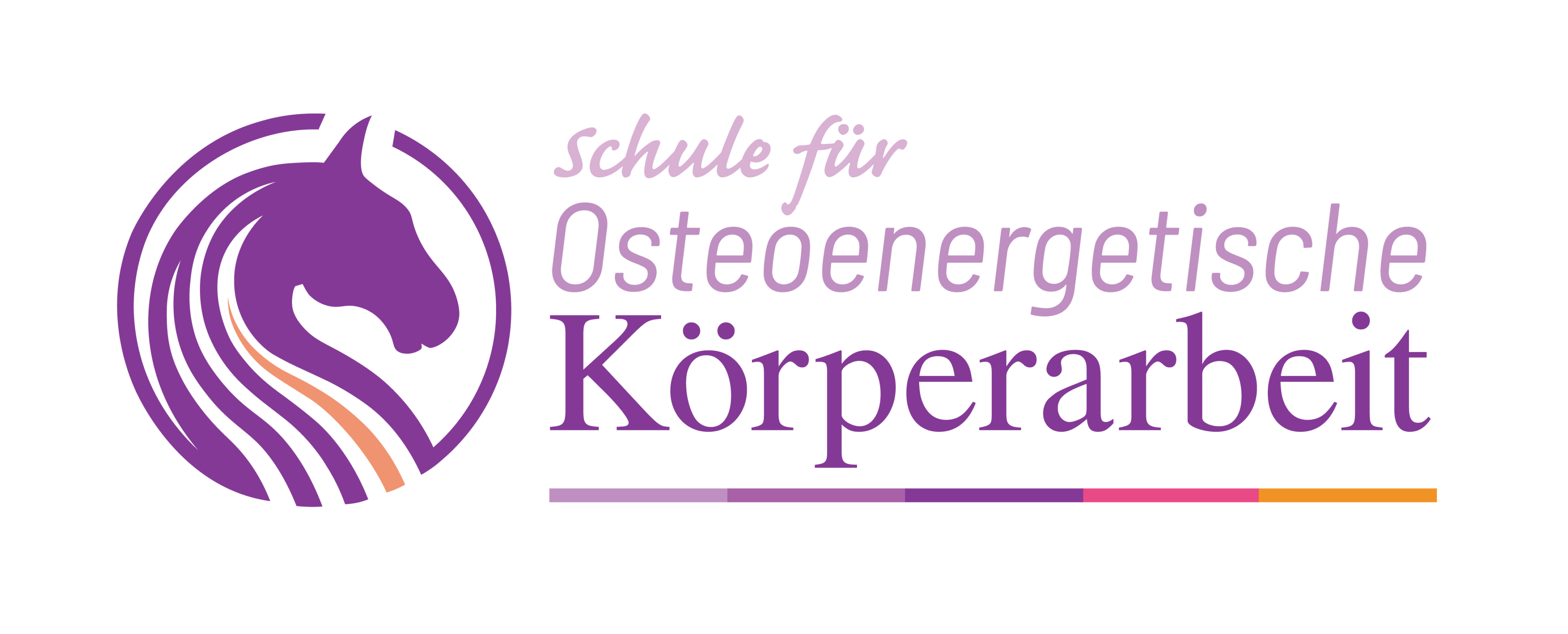 Logo: Ein violetter Pferdekopf innerhalb eines Kreises und der Schriftzug Schule für osteoenergetische Körperarbeit.