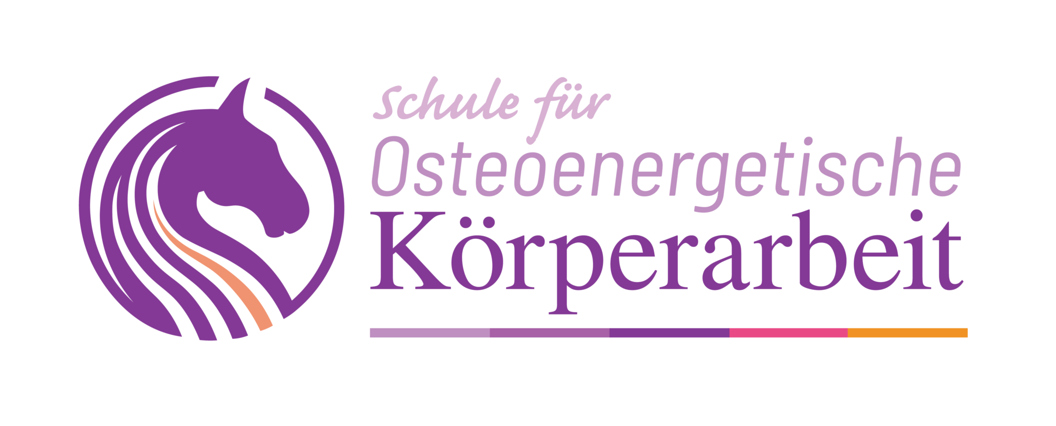 Logo: Ein violetter Pferdekopf innerhalb eines Kreises und der Schriftzug Schule für osteoenergetische Körperarbeit.